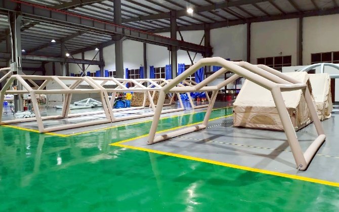 Inflatable tent production workshop