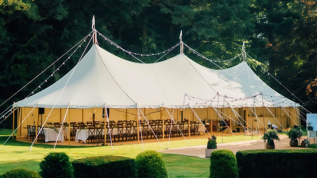 white sailcloth wedding tent with natural light and minimal wedding decor