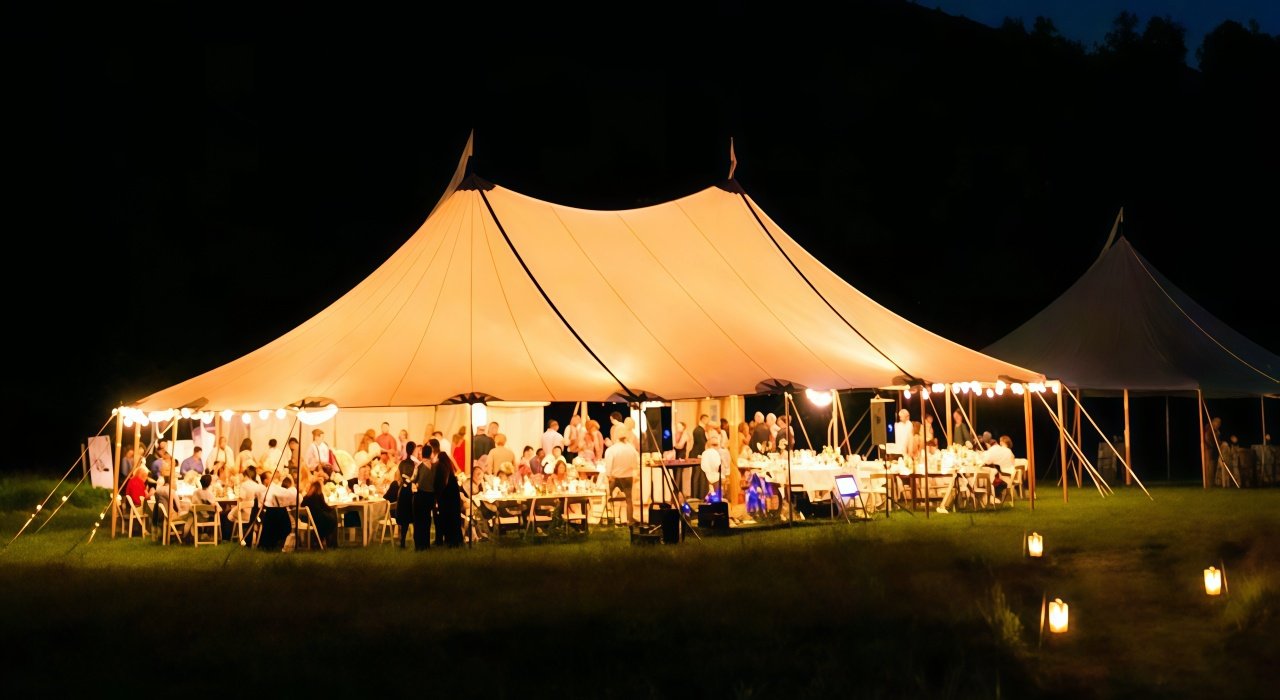 white sailcloth wedding tent at night