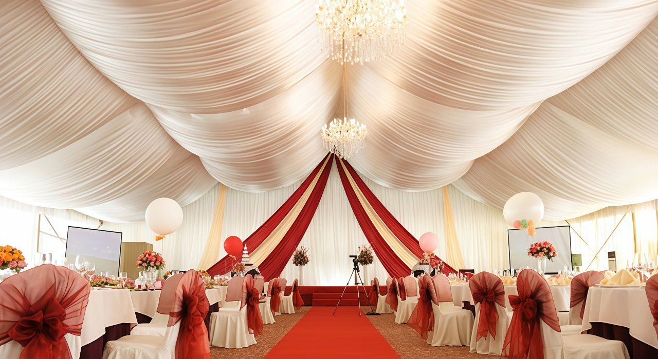 fabric draped ceiling wedding tent decoration for elegant large-scale events