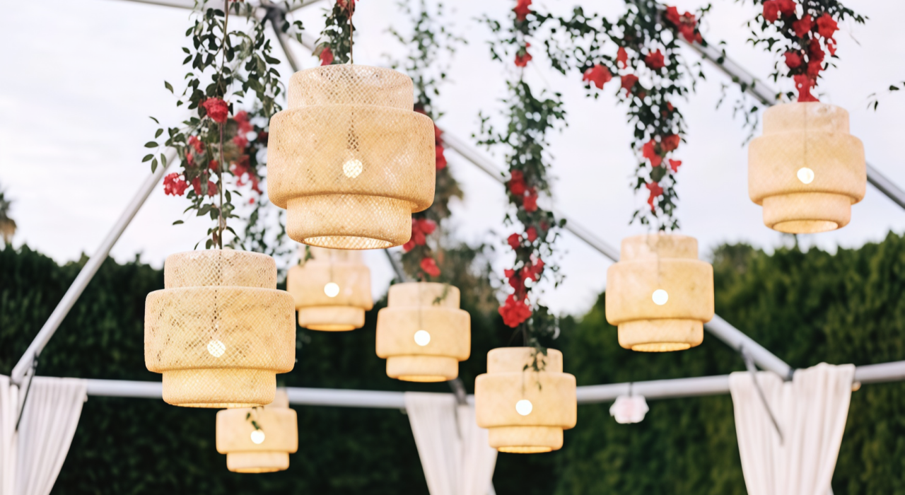 rattan lamp shades hanging inside wedding tent for warm ambient lighting