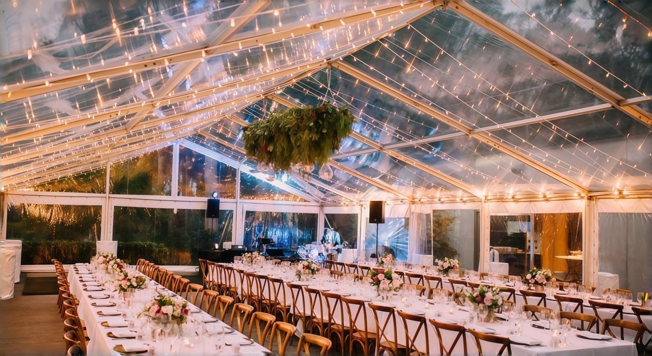 fairy lights installed across wedding tent ceiling for romantic evening events