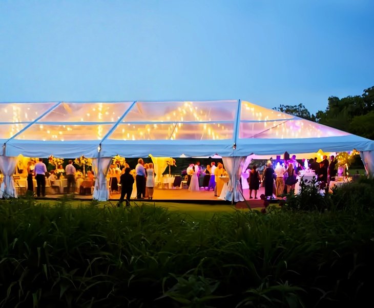 hip-end tent with lights